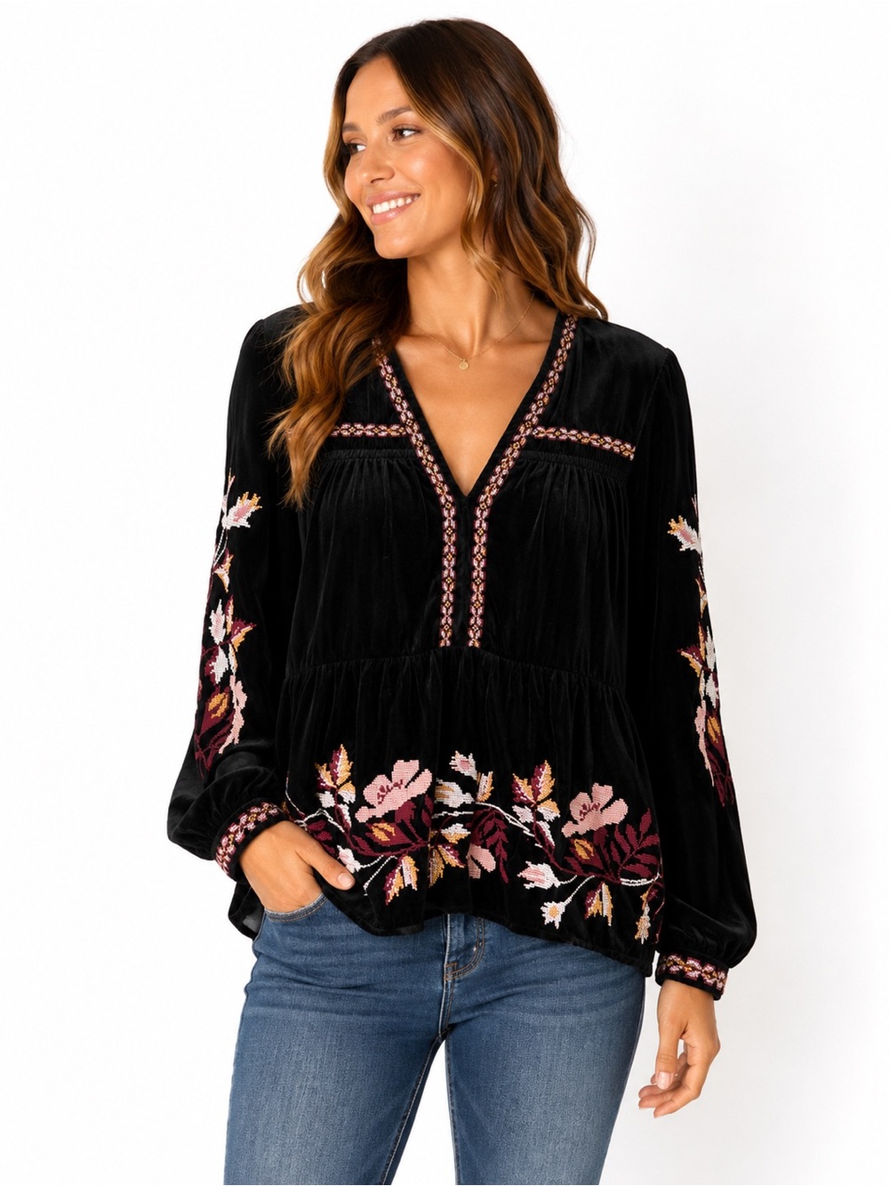 Topshop Black Velvet Tunic with Pink Floral Embroidery